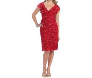 NEW MAY QUEEN COUTURE tiered scallop lace v-neck formal midi dress - plus in red